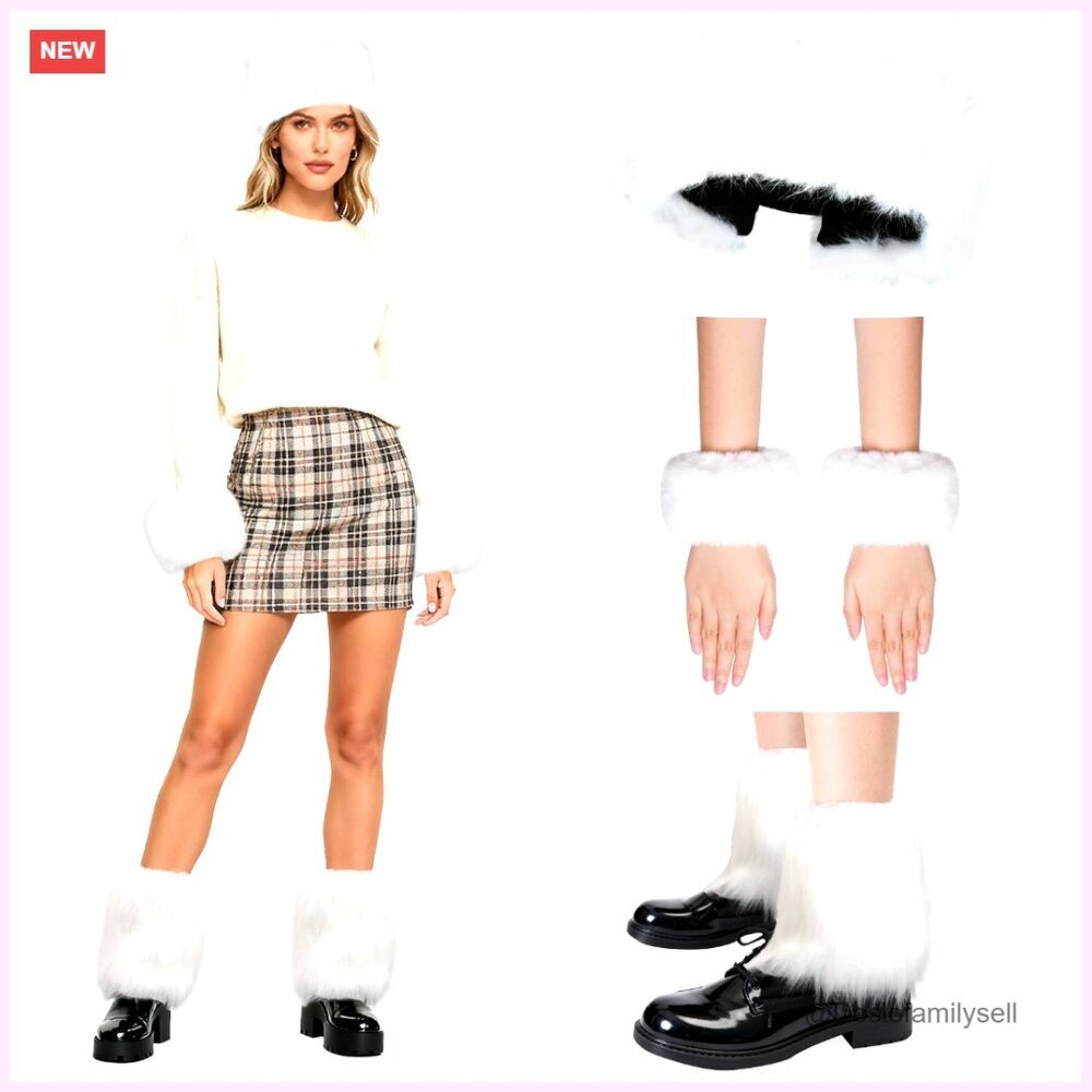 Faux Fur Headband Set with Wrist and Foot Warmers for Winter